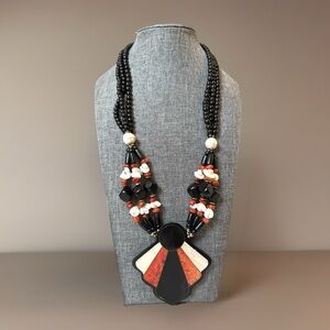 Vtg Art Deco Statement Shell Inlay Beaded Multi Strand Chunky Necklace MCM Big